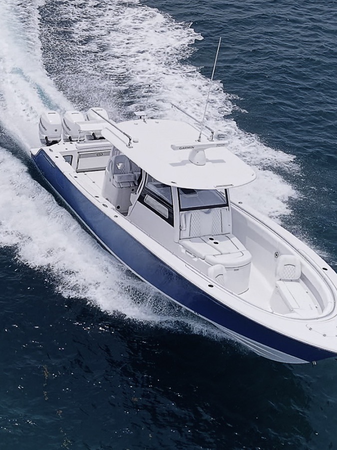 Aerial view of a 35-foot center console at speed