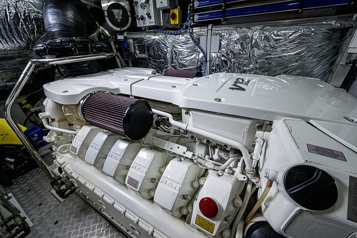 The engine room of a 65-foot motor yacht