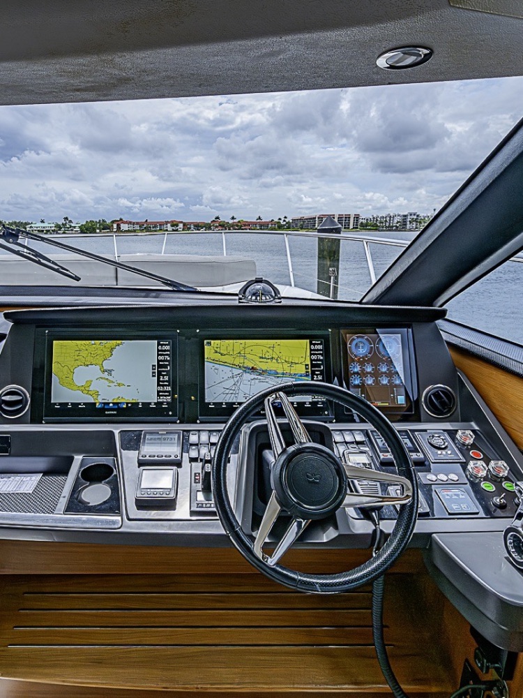 The helm of a 65-foot motor yacht