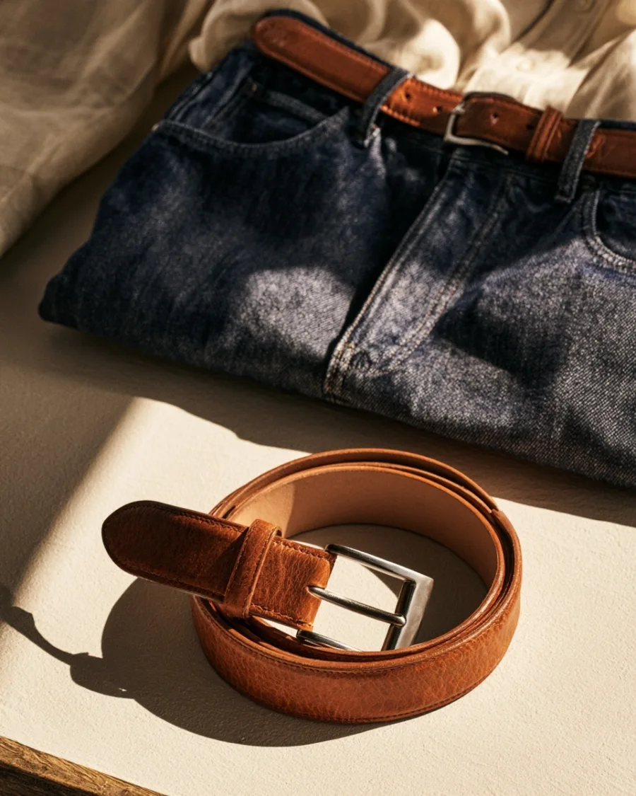 Tan leather belt coiled on a pale surface, buckle up