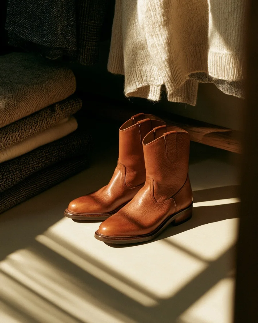 Pair of tan leather boots side by side on a pale floor