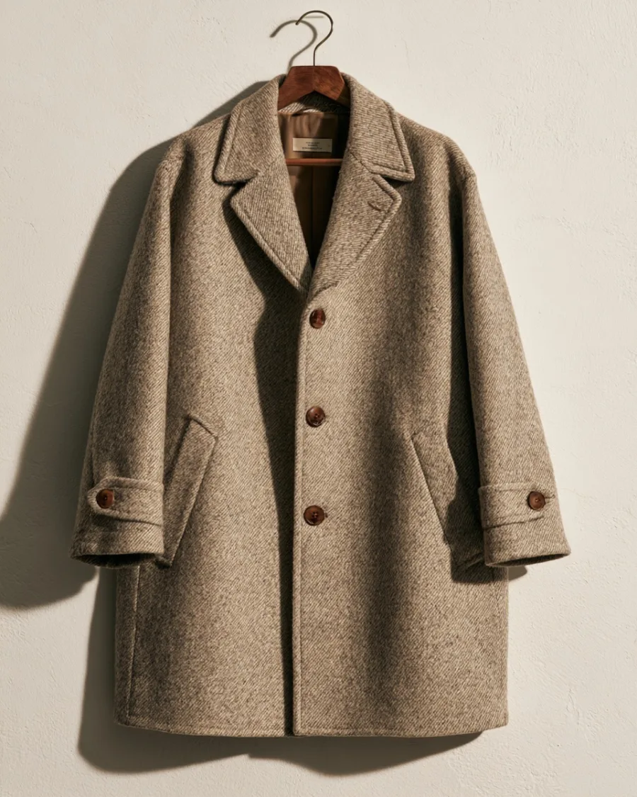 Wool overcoat on a wooden hanger against plaster
