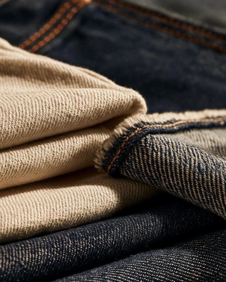 Selvedge denim edge, indigo and white weft