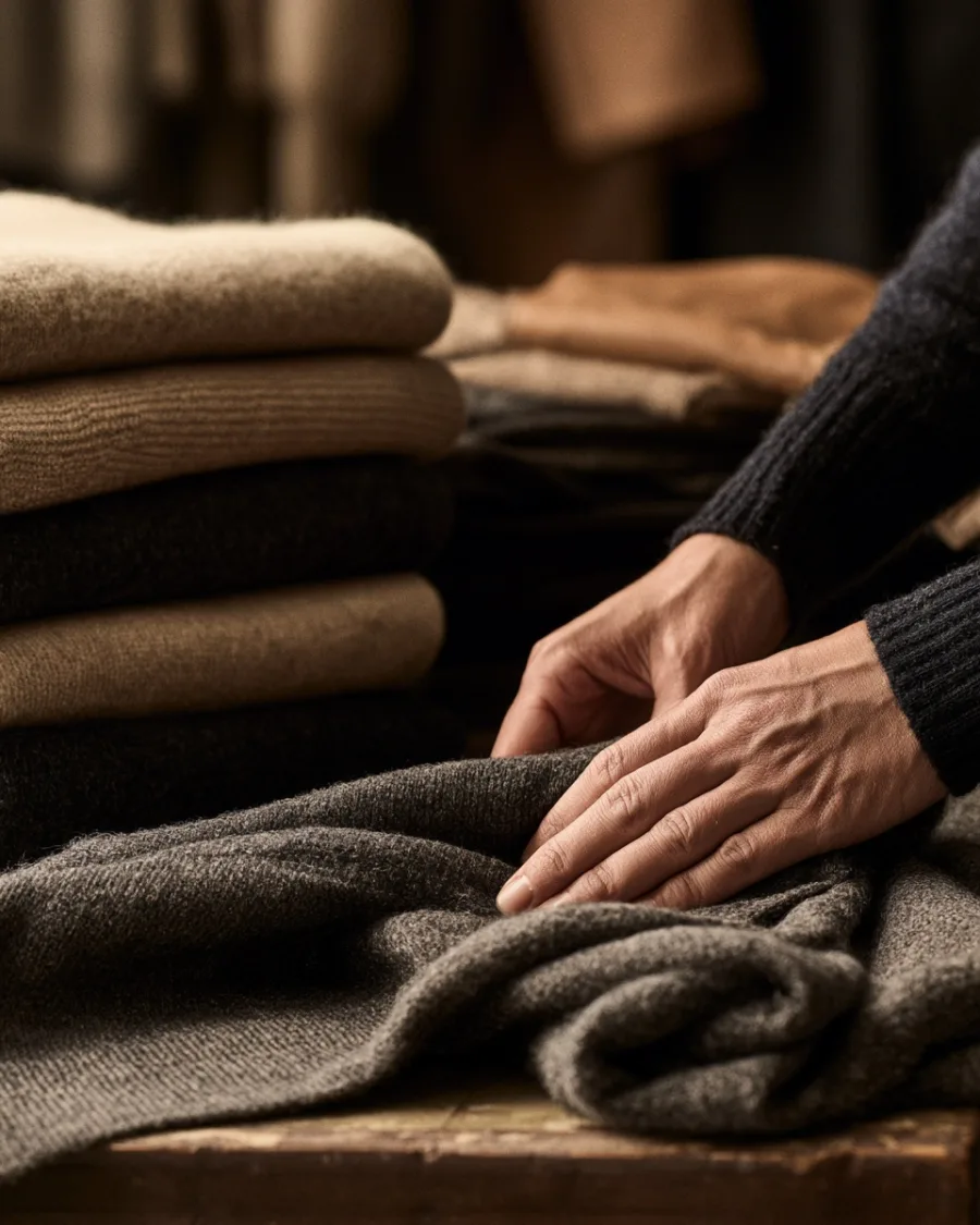 Hands folding a jumper on a table, no face