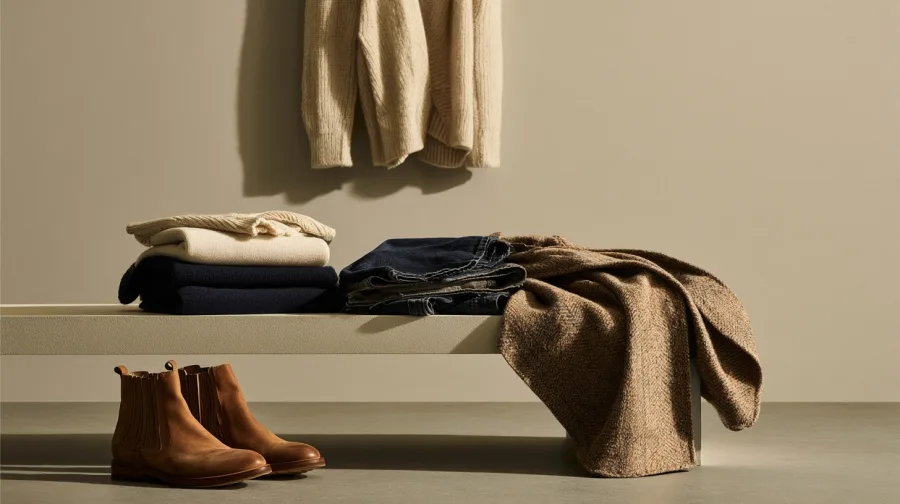 Capsule of garments laid across a pale bench