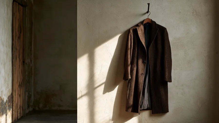 Coat on an iron hook against a plaster wall