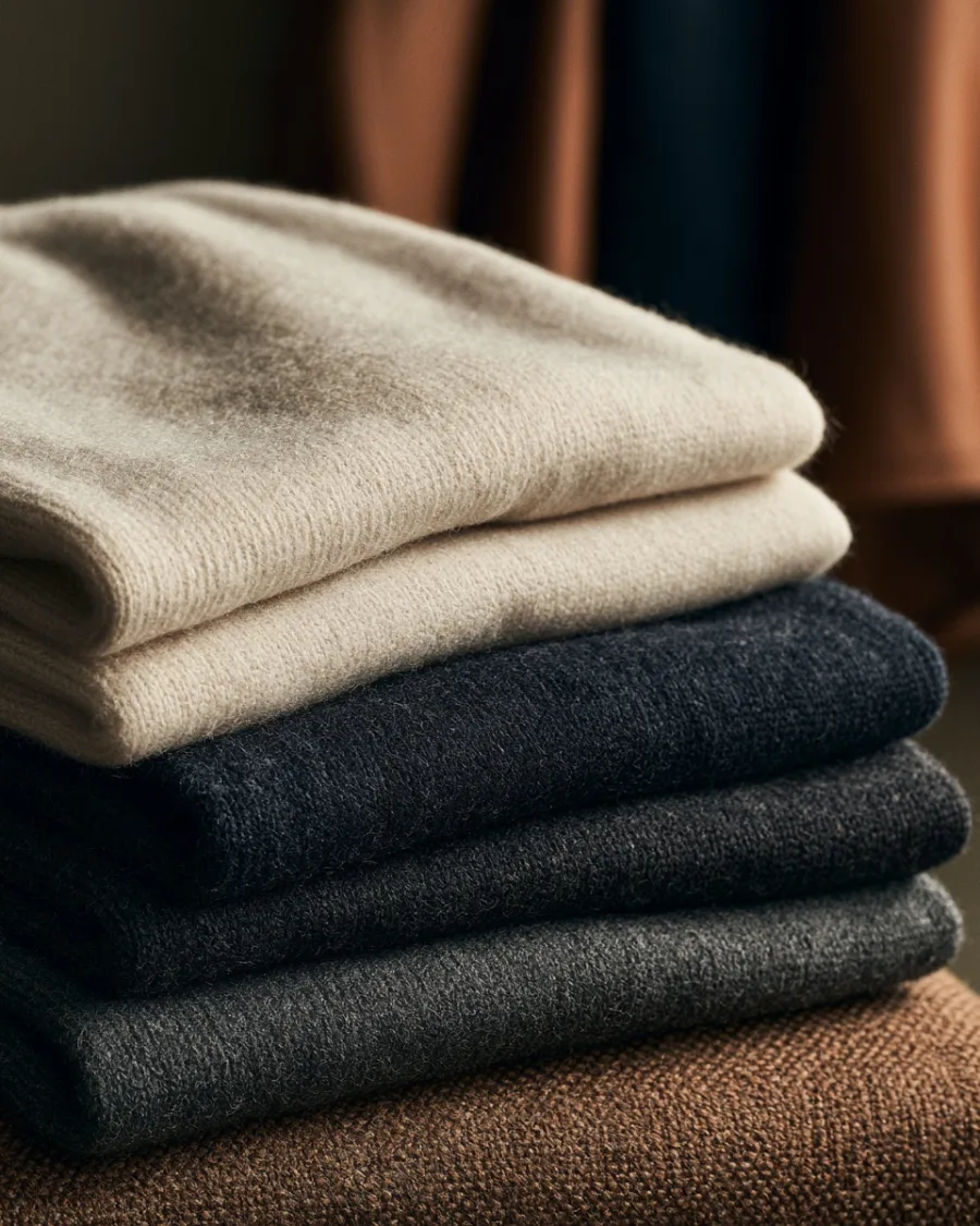 Stack of three folded lambswool jumpers, ecru to charcoal
