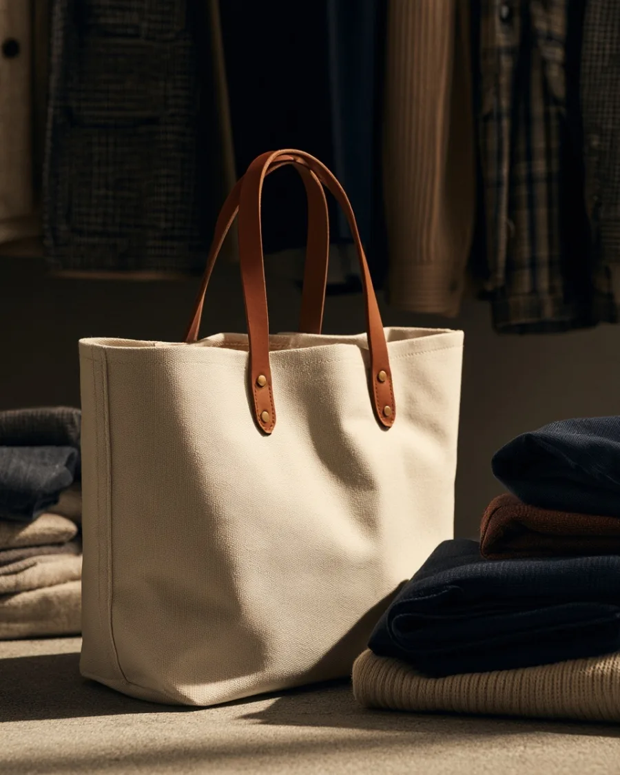 Heavy canvas tote stood upright, handles fallen forward