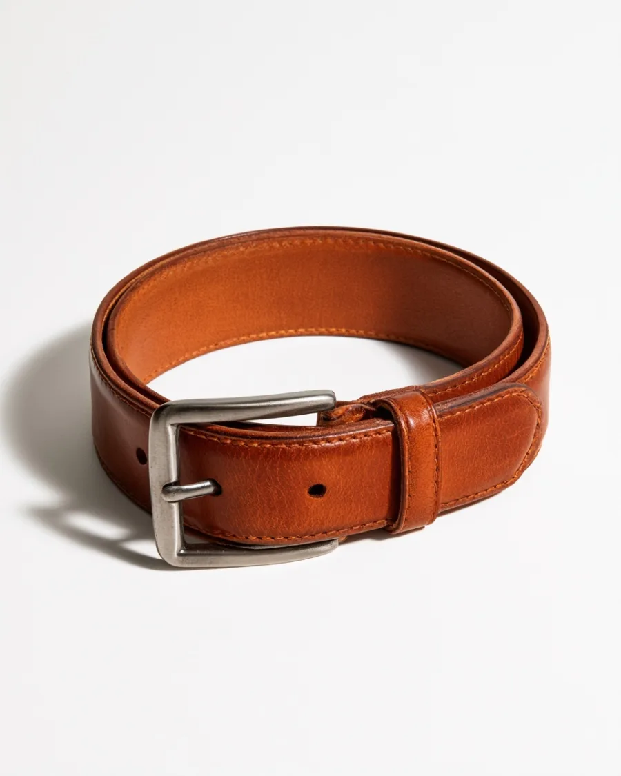 Tan leather belt coiled isolated on white