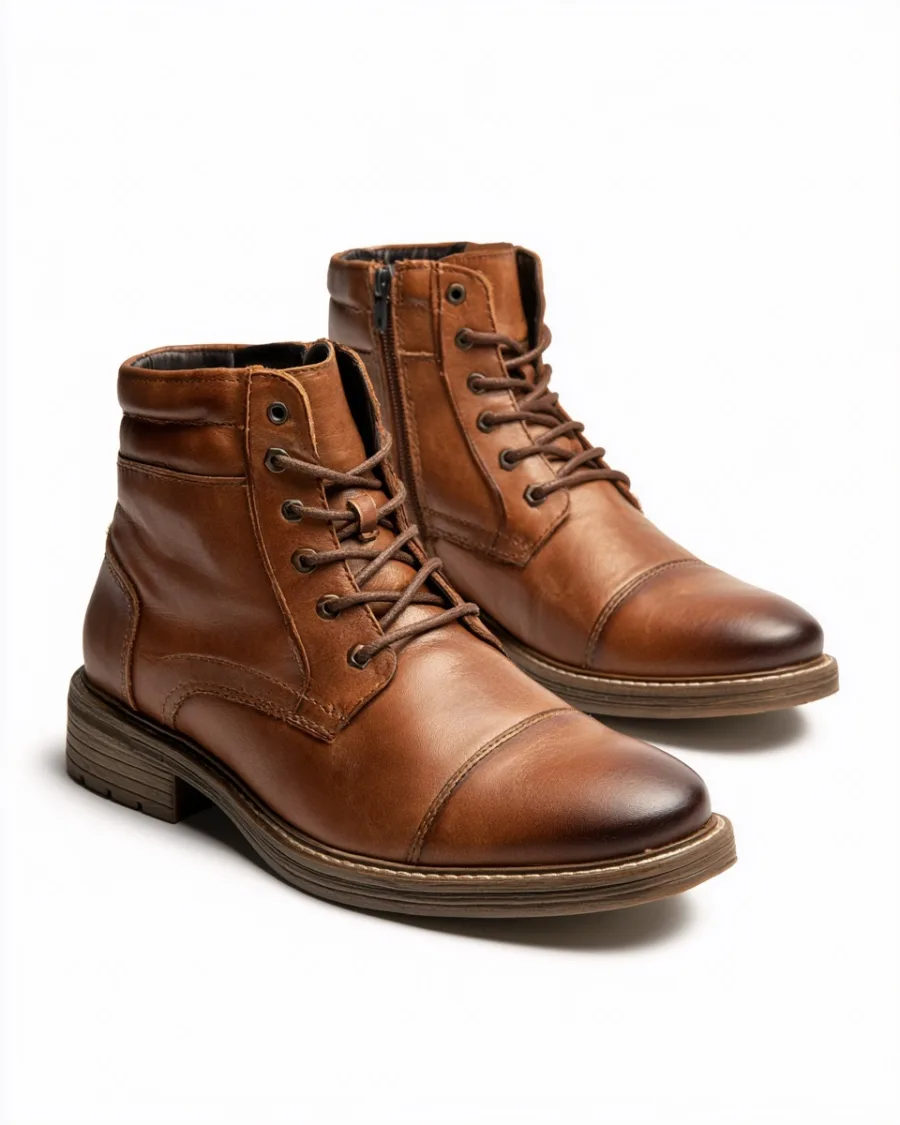 Tan leather ankle boots three-quarters isolated on white