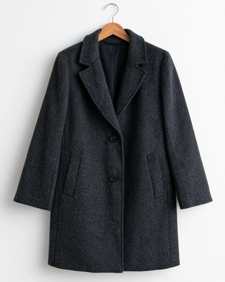 Charcoal wool overcoat on a hanger isolated on white
