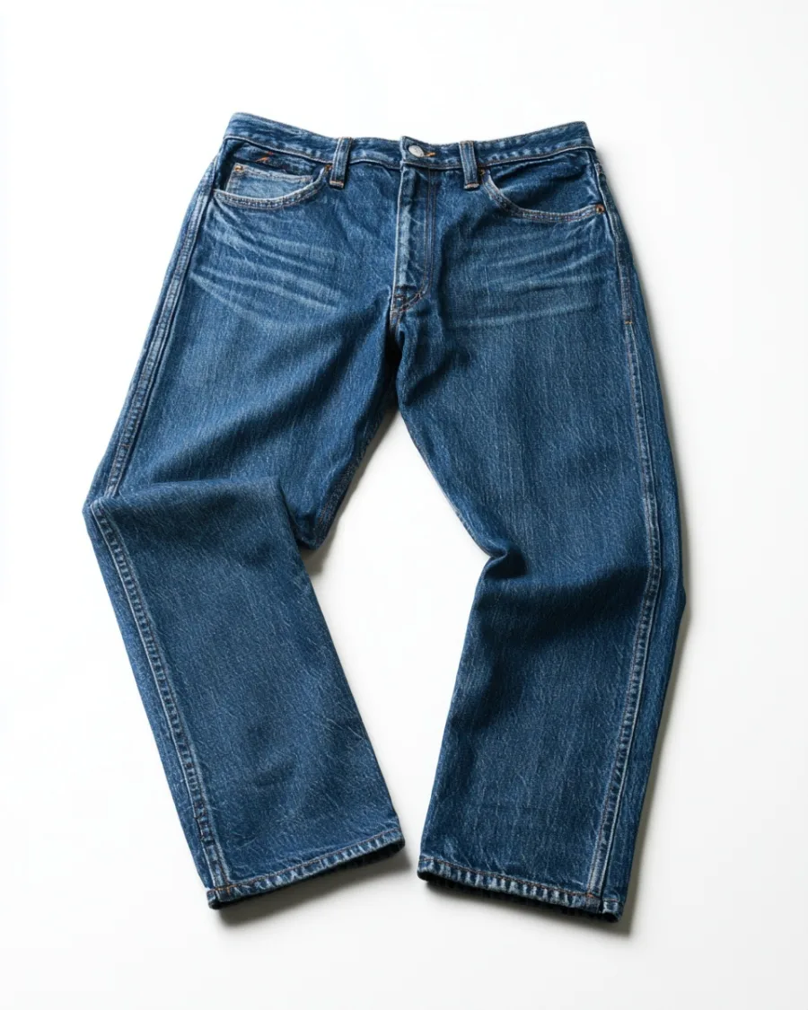 Folded indigo selvedge denim jeans isolated on white