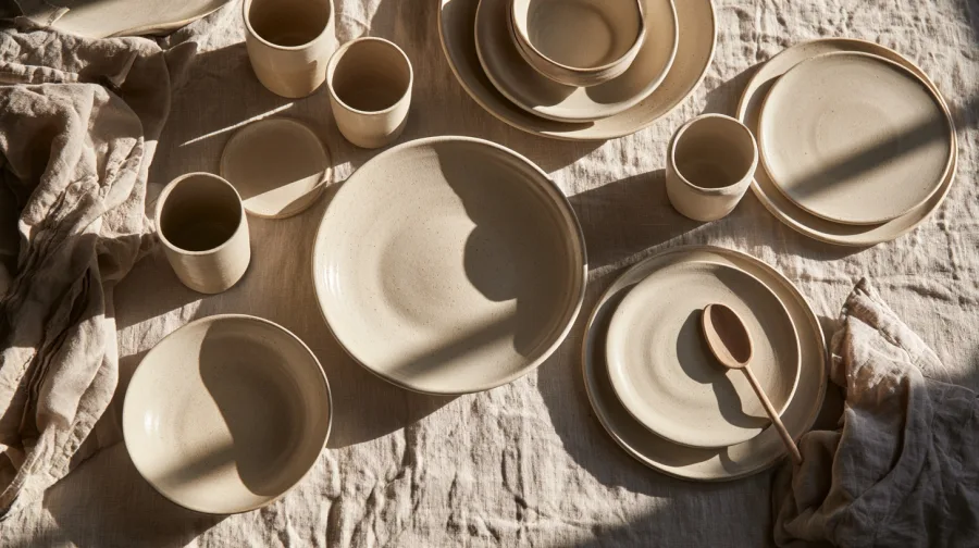 Overhead flat-lay of the stoneware range on linen