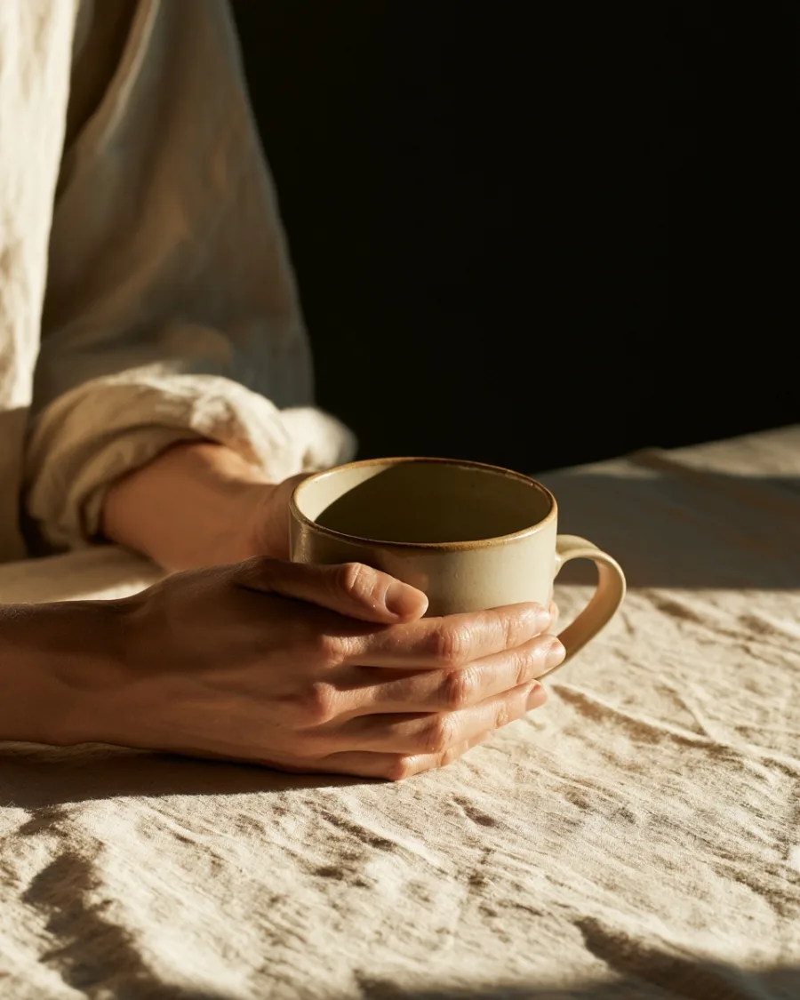 Two hands cradling a warm mug at a table, no face