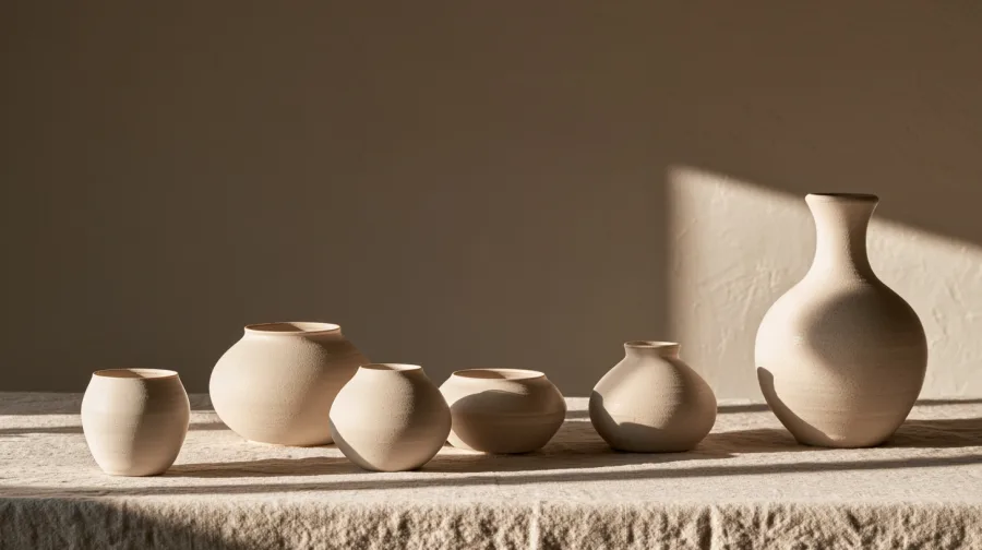 Six stoneware vessels grouped across a linen table in north light