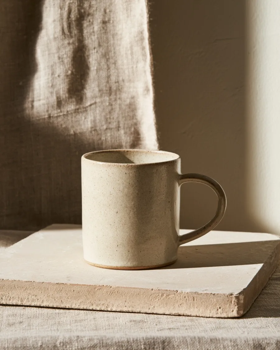 Single oatmeal-glazed mug on raw plaster, handle three-quarters