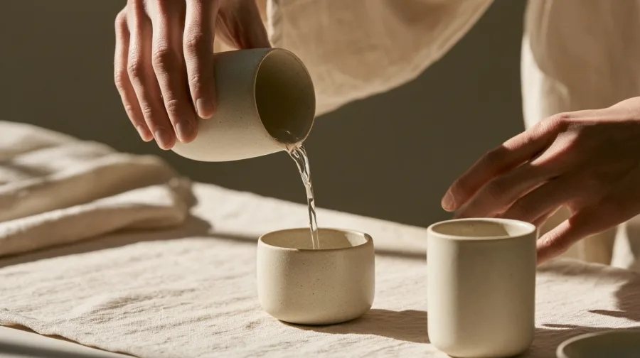 Jug pouring water into a beaker at a linen table