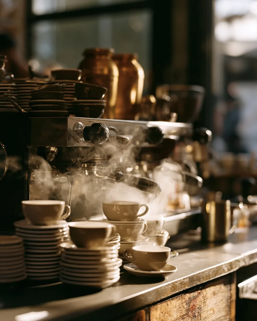 Stacked cups and saucers on the machine top, brass behind