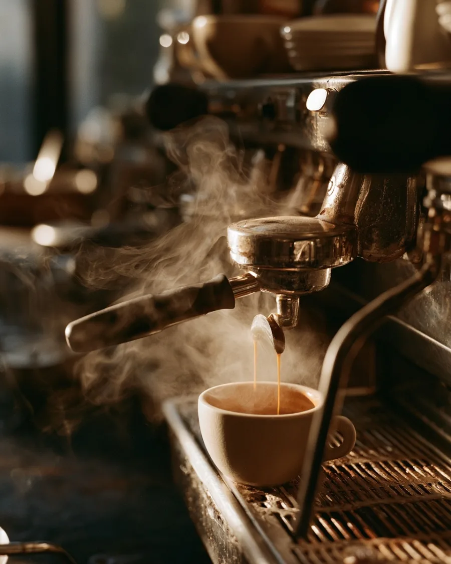 Espresso running from a portafilter into a warm cup