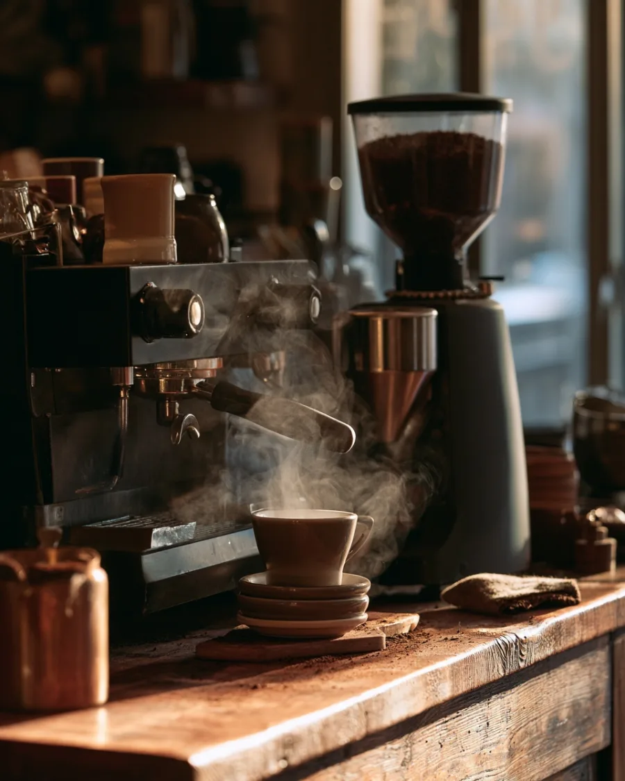 Grinder with fresh grounds gathered at its throat