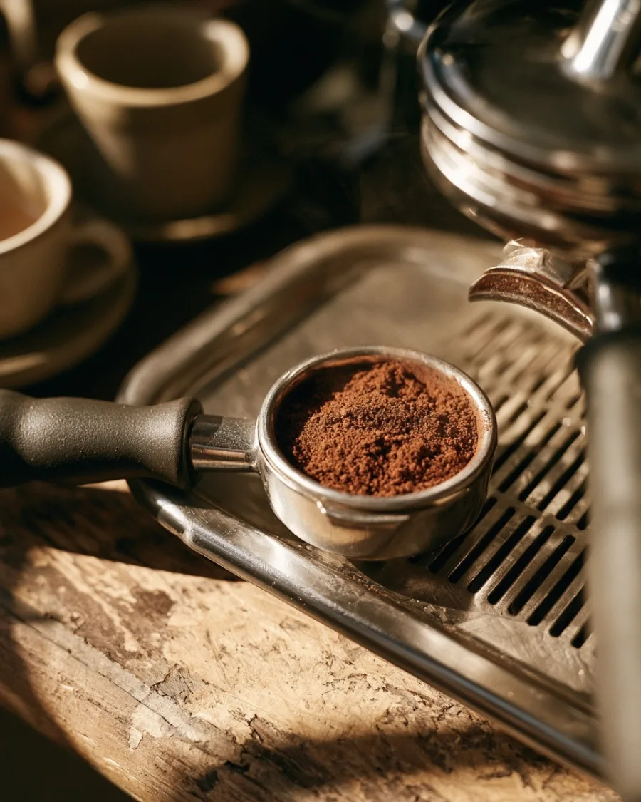Tamped grounds in a portafilter basket