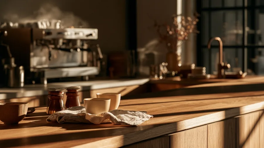 Counter of a small coffee bar, machine and cups in morning light