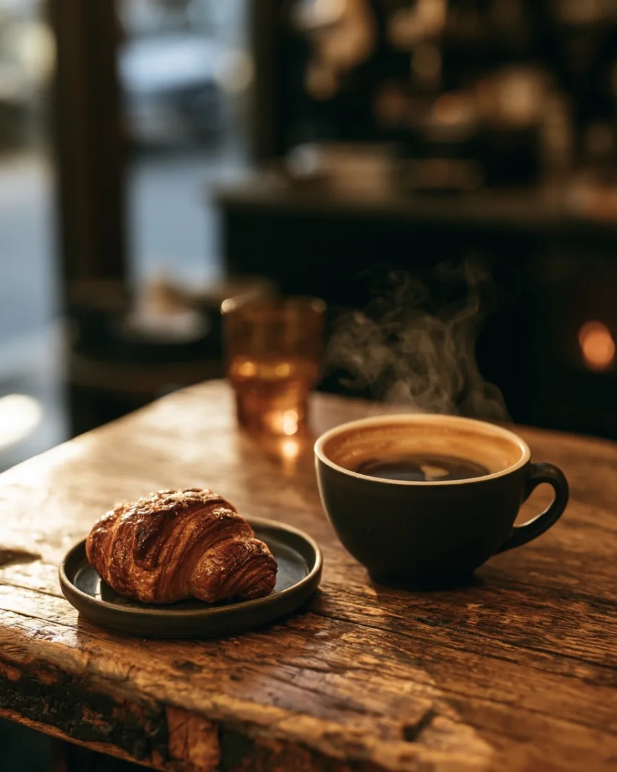 A pastry on a small plate beside a cup on worn oak