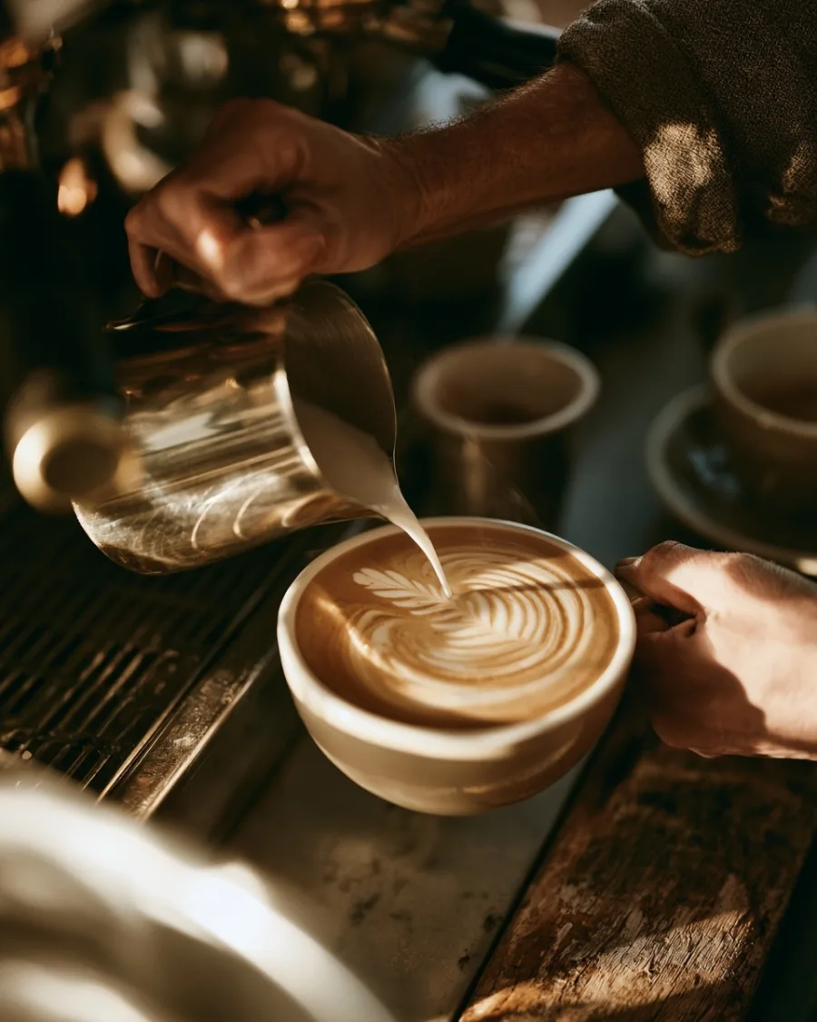 Milk poured into a cup forming a rosetta, from above