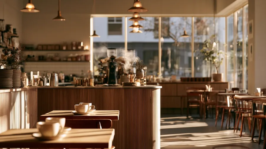 The wide room of the cafe, tables and window light, unpeopled