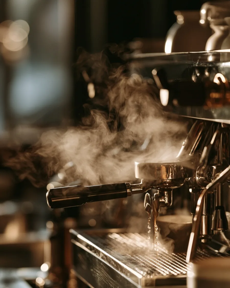 Steam wand with droplets and rising vapour