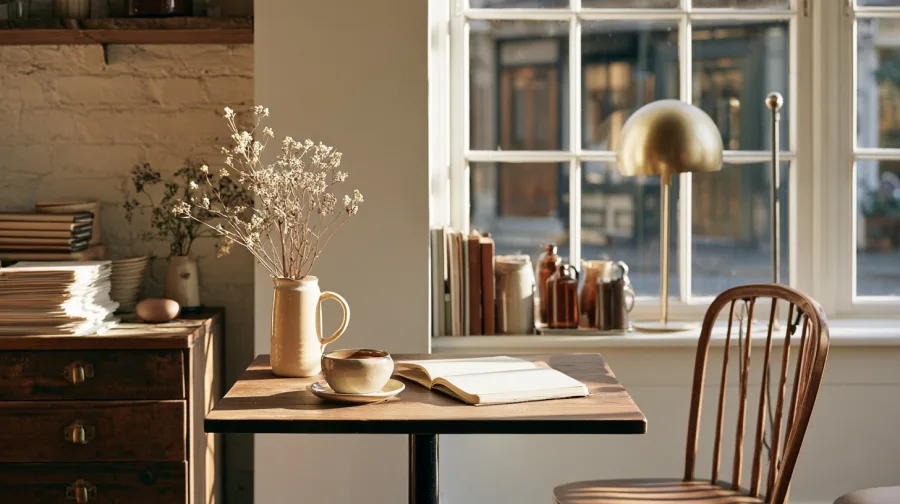 Window table with a cup and an open notebook, side light