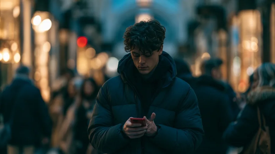 Young man in a puffer jacket in a shopping arcade glancing at his phone, red accent light