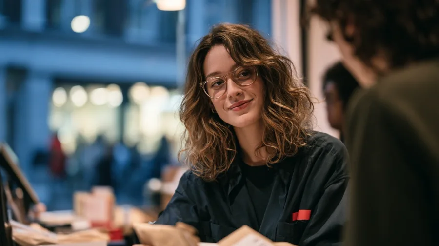 Woman with glasses at a click-and-collect counter, red apron tab