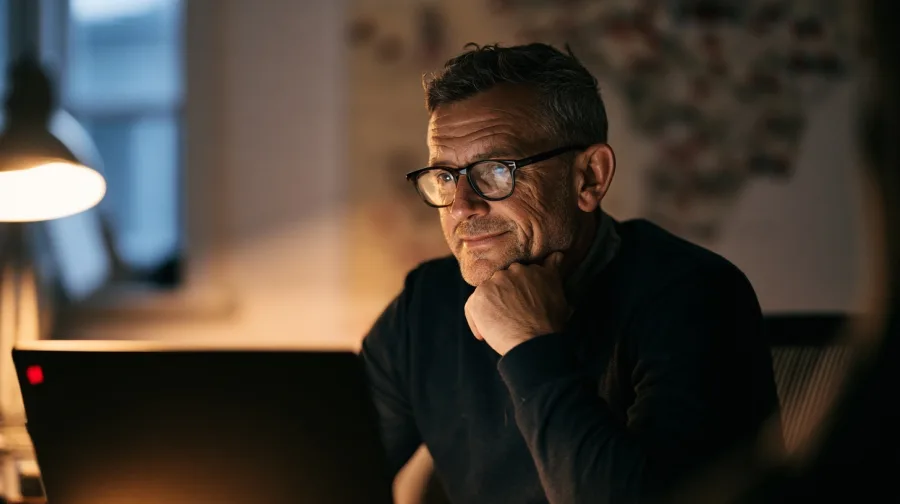 Man at a desk with a laptop, warm lamp, store map on the wall behind
