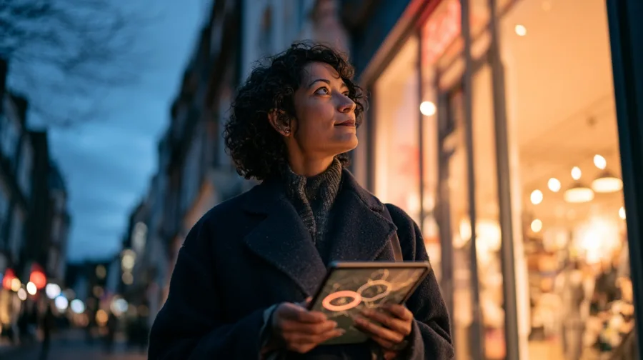 Area manager on a high street at dusk holding a tablet, second branch behind