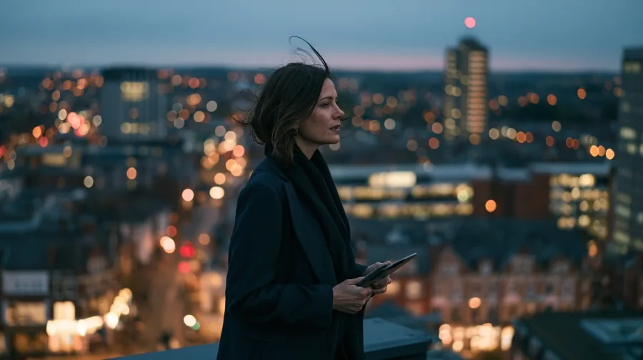 Woman on a town rooftop at dusk, tablet at her side, skyline behind