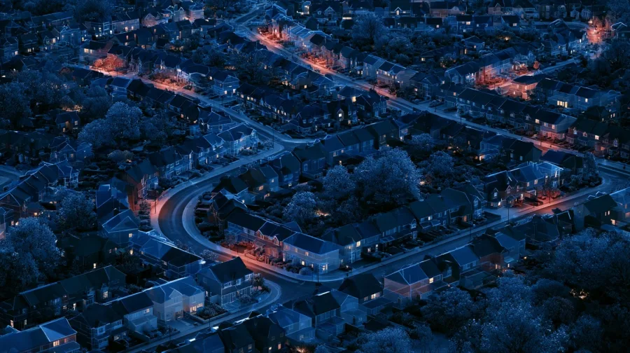 Aerial suburban rooftops, houses shaded red among blue by segment