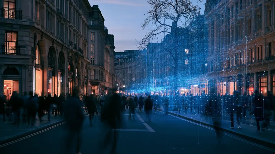 Shopping street, photo dissolving to wireframe, shoppers become light points