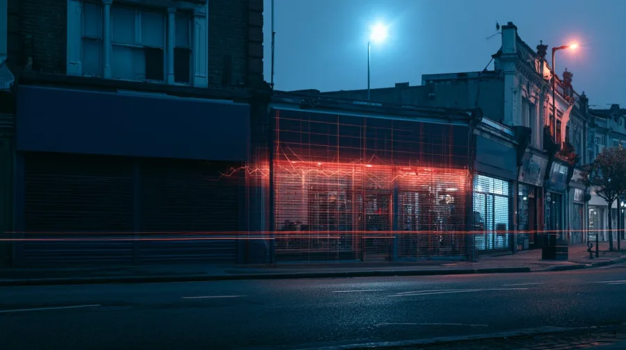Shuttered high-street unit at dusk, red data lines across the shutters