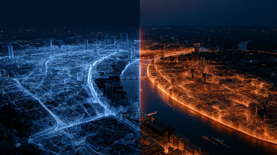 Aerial city split into blue and amber wireframe halves, river through the seam