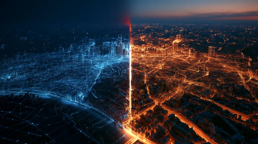 Aerial city split blue/amber, seam of light, frame two