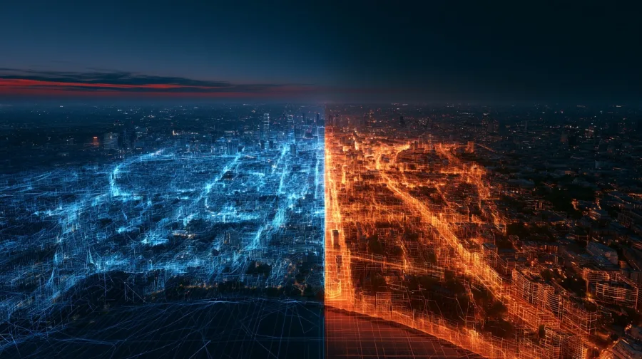 Aerial city split blue/amber, seam of light, frame three
