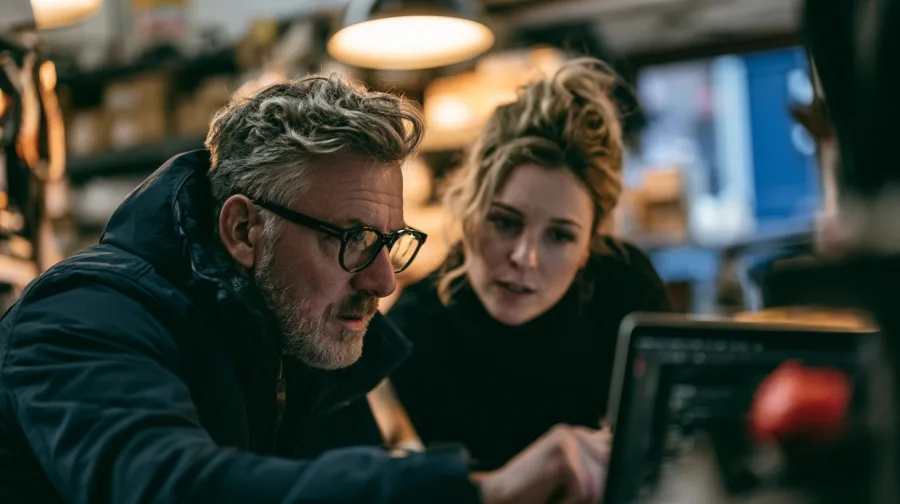 Two colleagues at a laptop in a stockroom back office