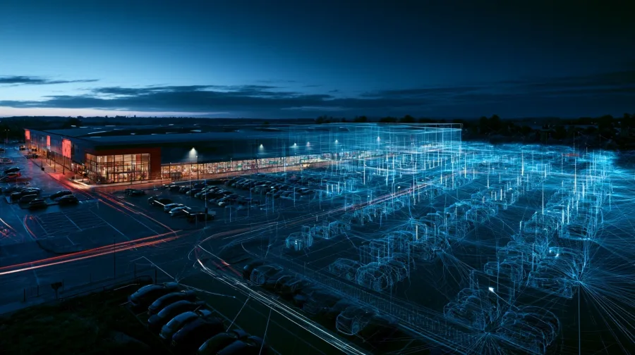 Supermarket and car park, photo dissolving to blue wireframe, red fascia