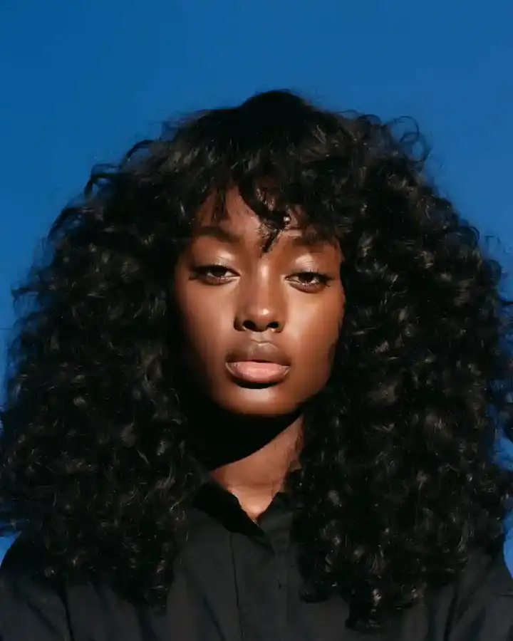 Defined dark curls with a curly fringe, blue backdrop