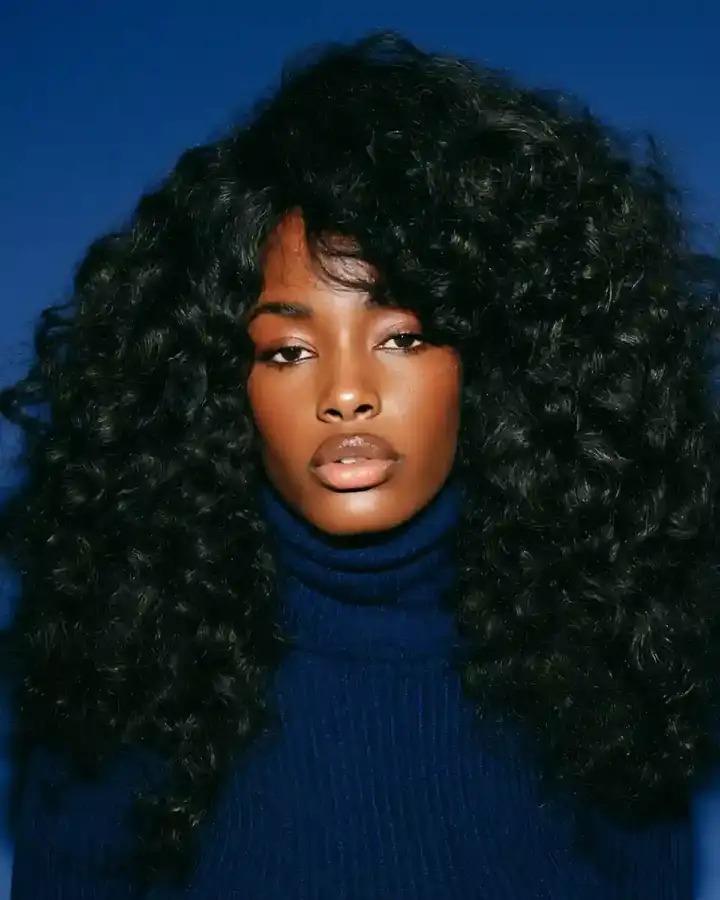 Voluminous curls over a navy turtleneck, blue backdrop
