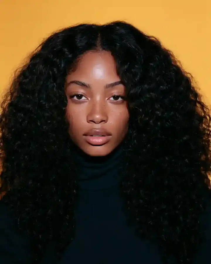 Shoulder-length dark curls, blue backdrop