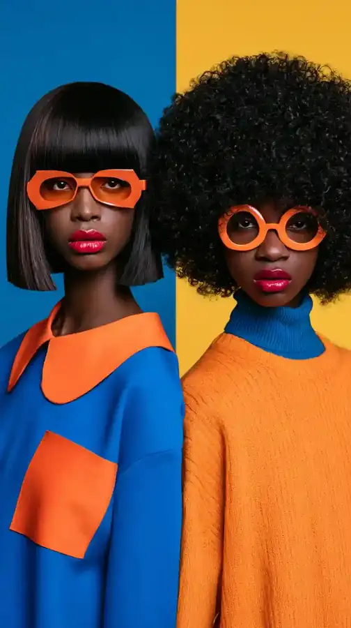 Two models side by side against a split blue and yellow backdrop