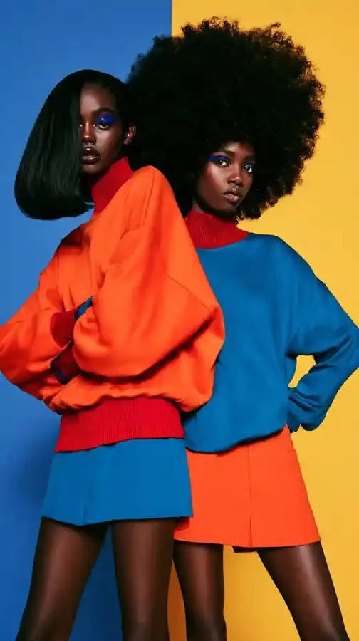 Two models side by side against a split blue and yellow backdrop