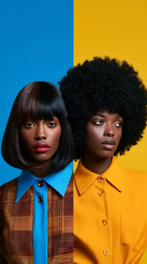 Two models side by side against a split blue and yellow backdrop